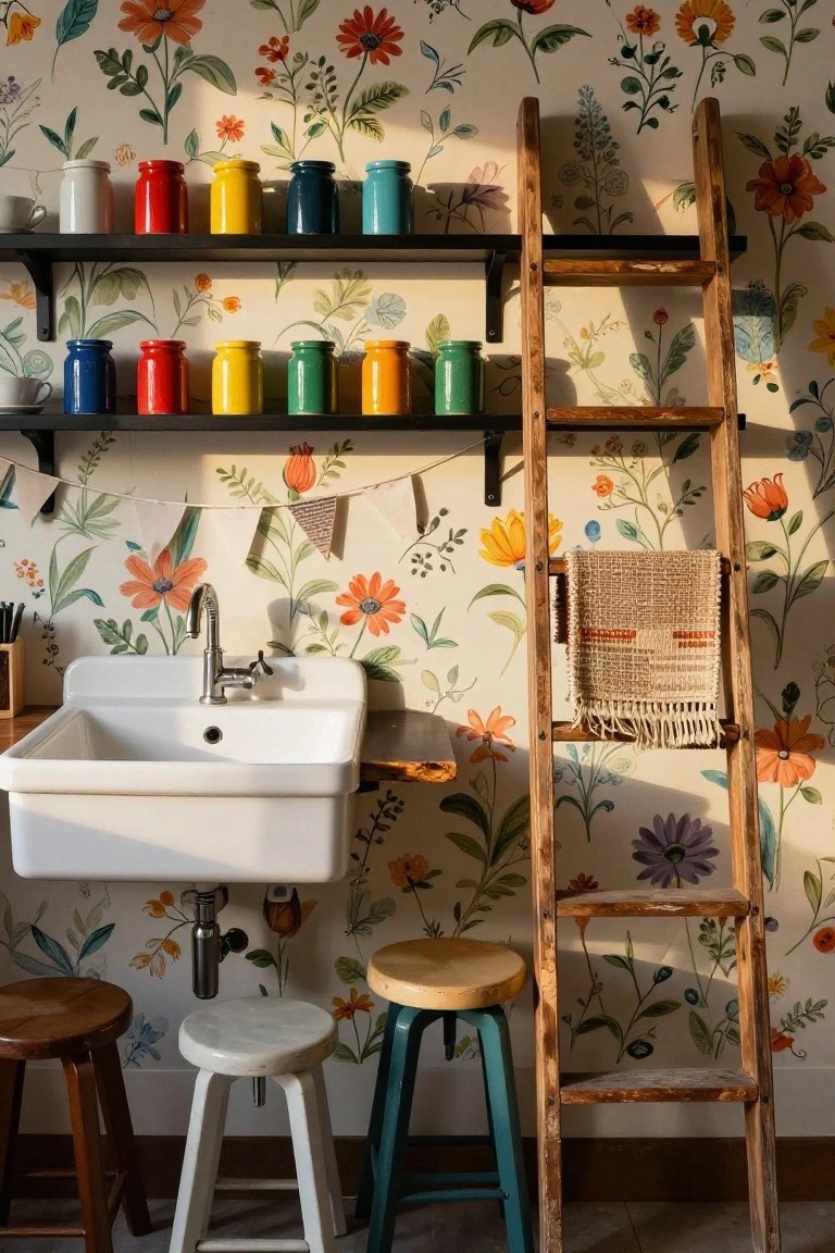 Floral wallpapered interior with black floating shelves holding rows of colorful ceramic jars above a white farmhouse sink, wooden ladder shelf with woven towel, and assorted stools nearby.