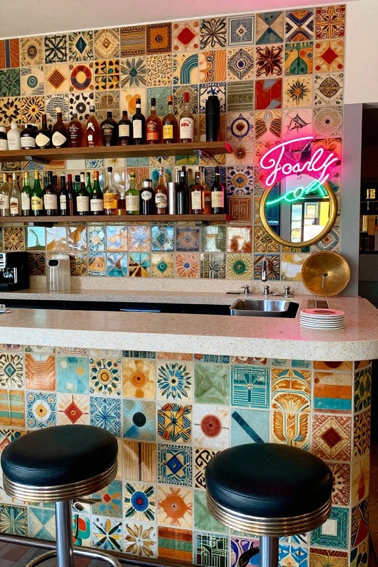 Home bar counter with white surface, two black stools, shelves of liquor bottles, neon "Fooly Ox" sign, and walls covered in multicolored patterned ceramic tiles.