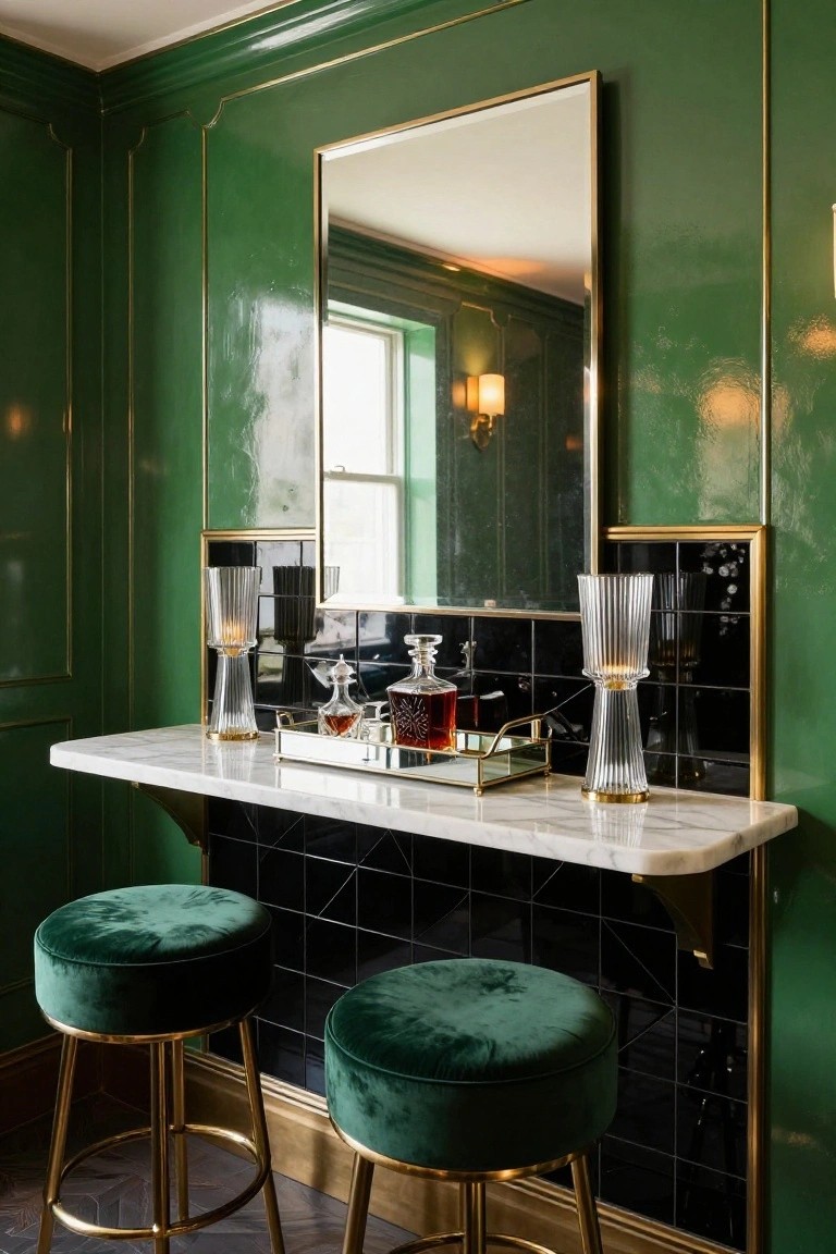 Home bar nook with glossy emerald green paneled walls edged in gold trim, large mirror above black tiled backsplash and white marble counter holding decanters and trays, flanked by glass lamps and two green velvet stools on gold legs.