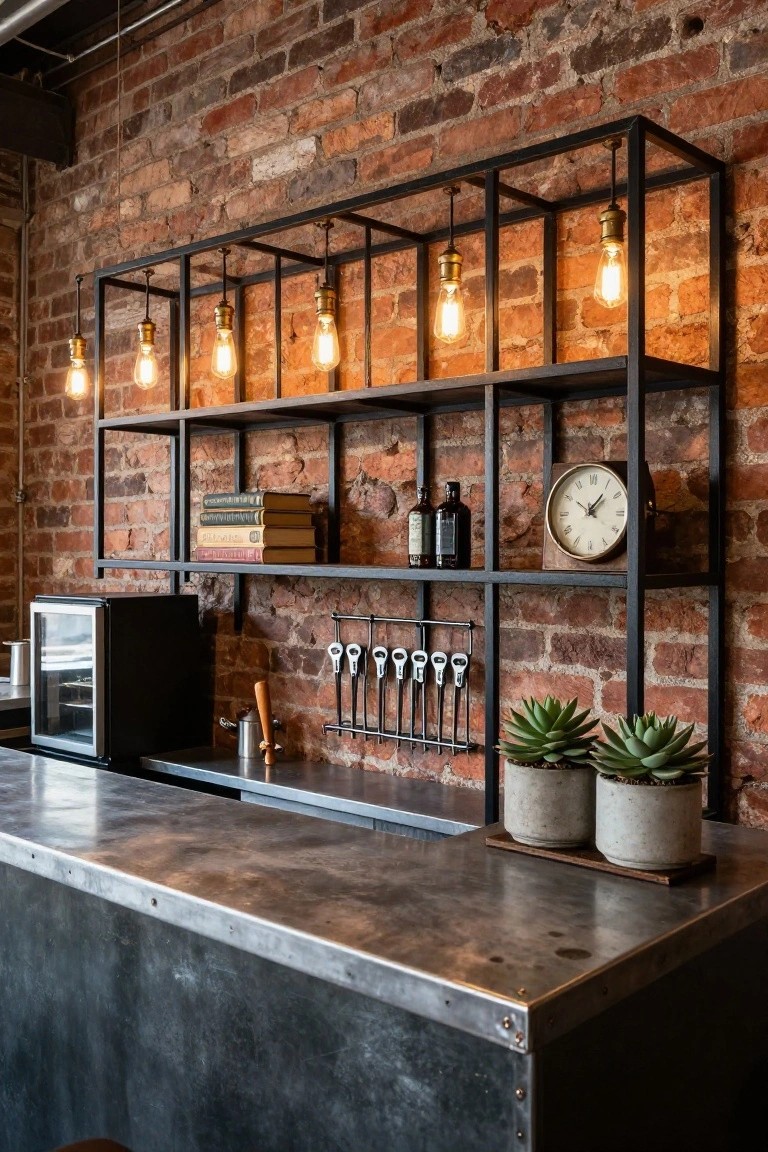 Home bar back wall with exposed brick, black metal open shelving holding books, bottles, clock, and plants, pendant Edison bulb lights, hanging bar tools, mini fridge, and metal counter.