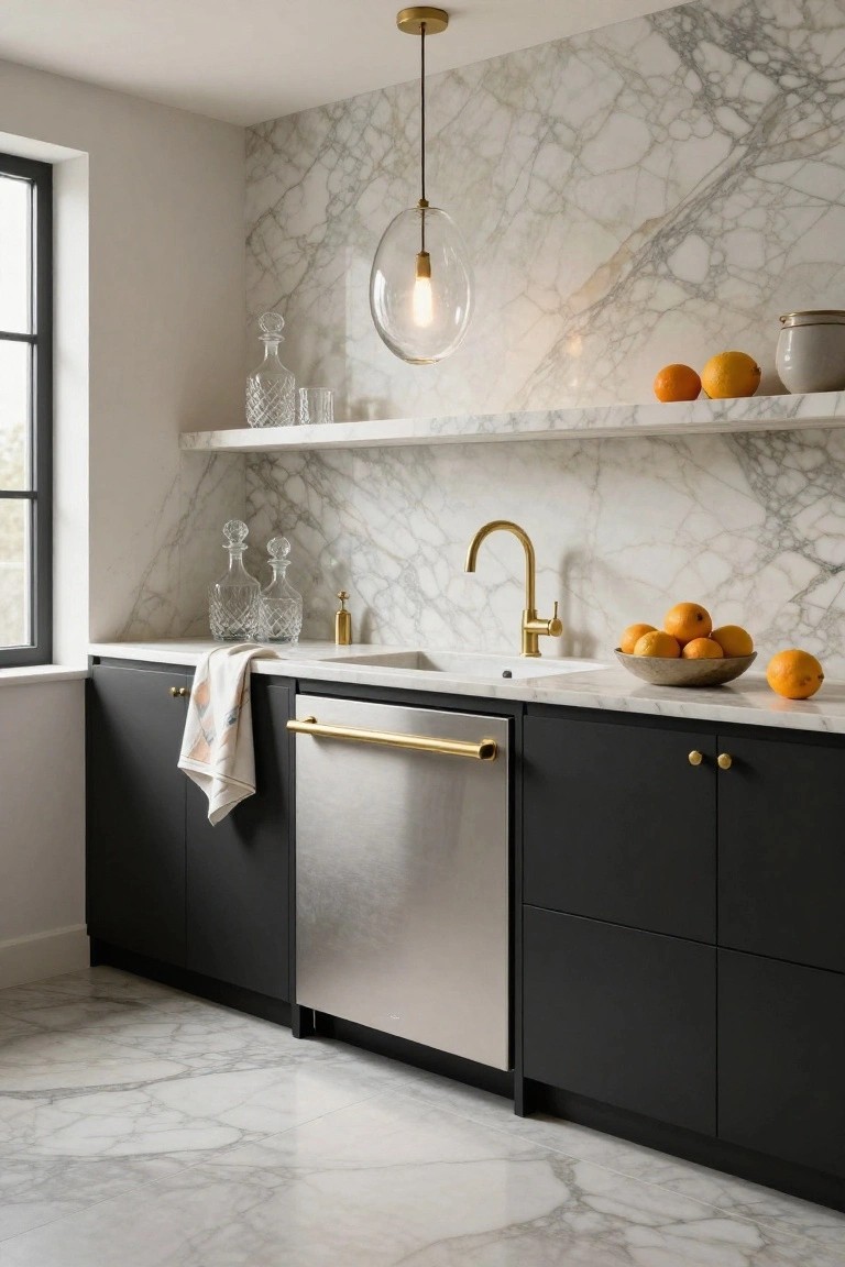 Interior view of a kitchen bar area with white veined marble backsplash, black lower cabinets, gold faucet and handles, stainless steel dishwasher, floating shelf with glass decanters, and oranges on the counter.
