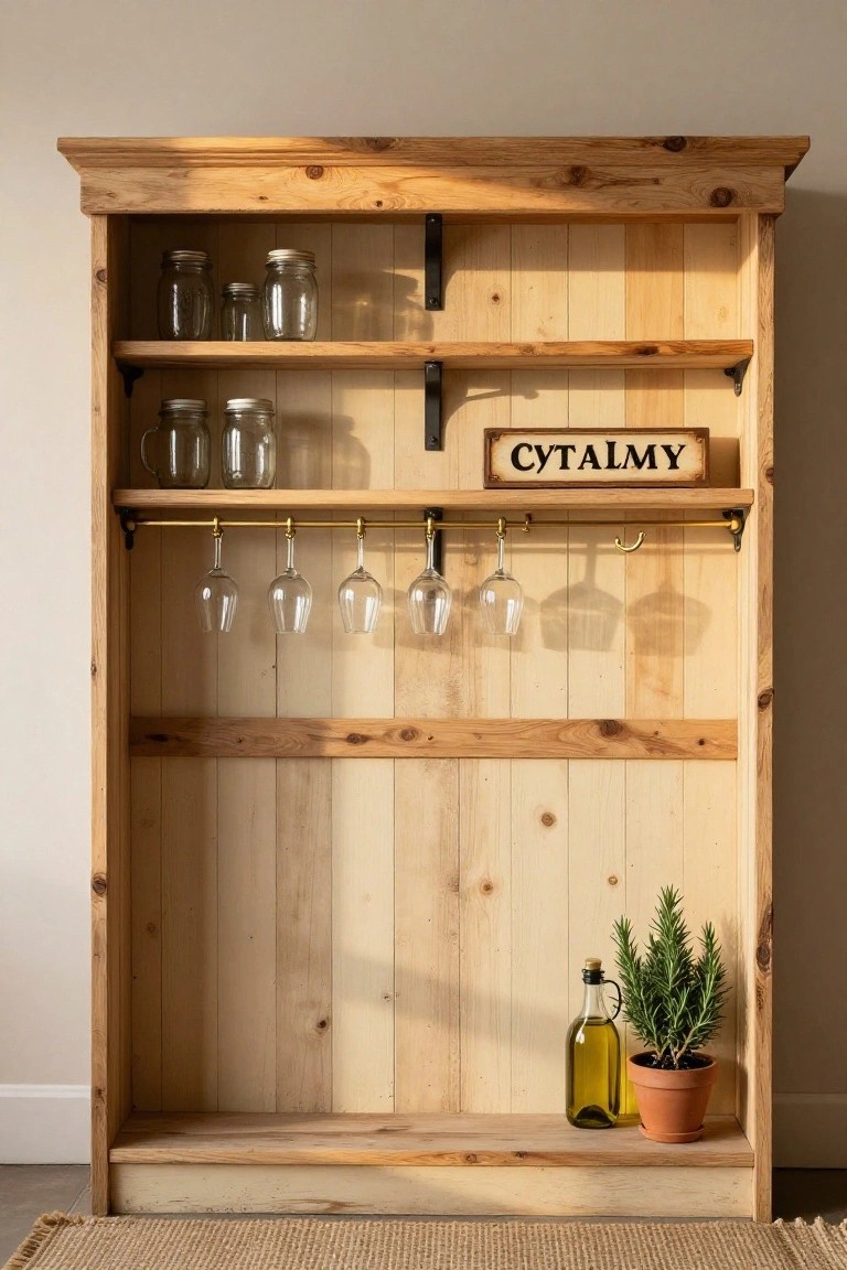 Tall open pine wood cabinet with shelves holding glass jars, a wood sign reading CYTALMY, gold hanging rail with wine glasses, olive oil bottle, and potted rosemary plant on the bottom shelf.