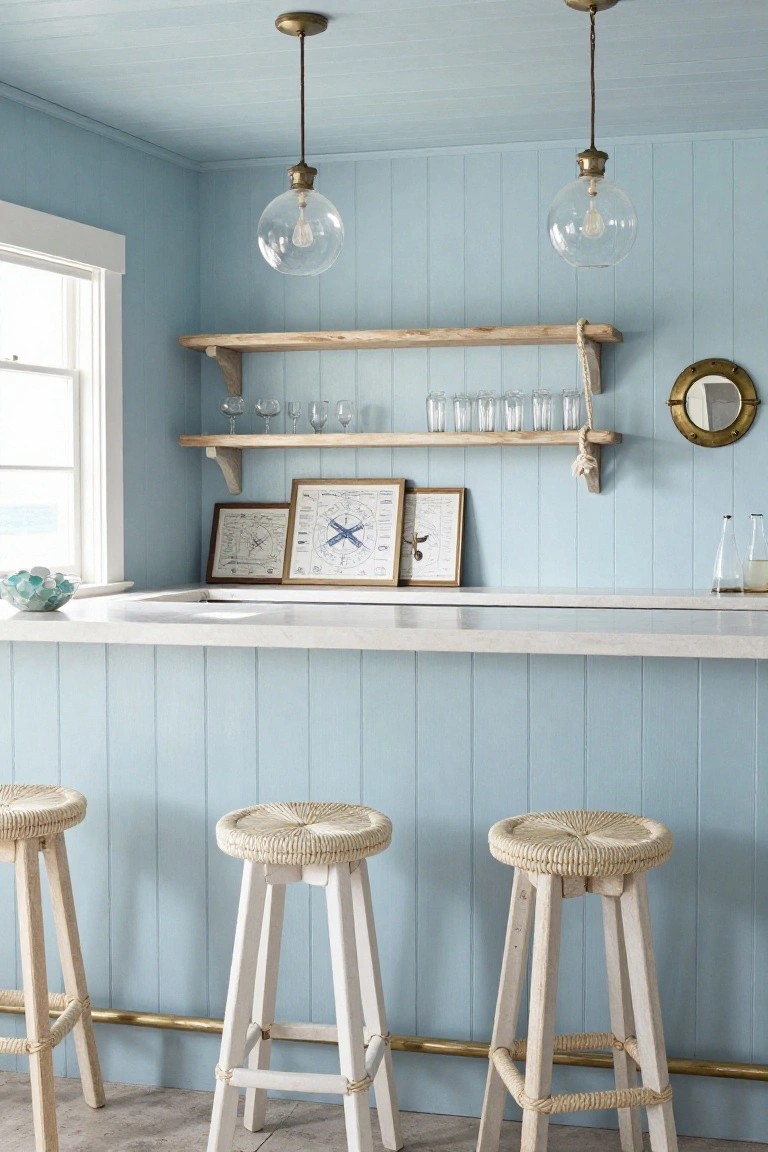 Home bar interior with light blue shiplap paneled walls, floating wooden shelves displaying glassware and nautical framed prints, white countertop with sink, rattan-topped and white stools, glass globe pendant lights, and brass accents.