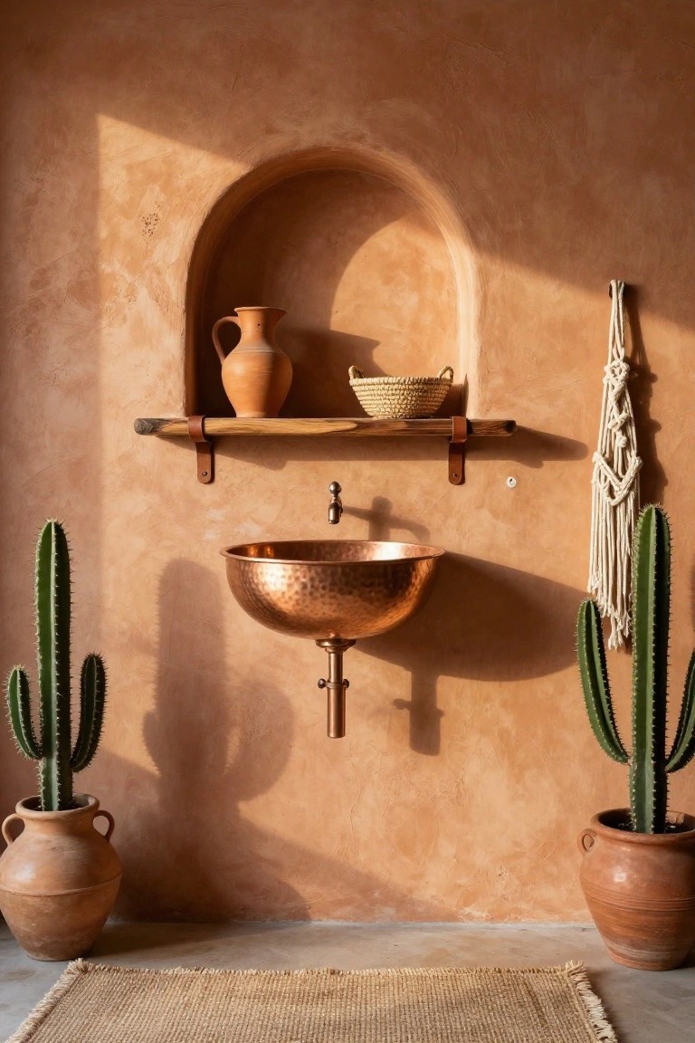 Terracotta textured walls in an indoor space with a copper vessel sink on a pedestal, flanked by potted cacti, an arched niche shelf holding pottery jug and woven basket, macrame wall hanging, and jute rug on the floor.