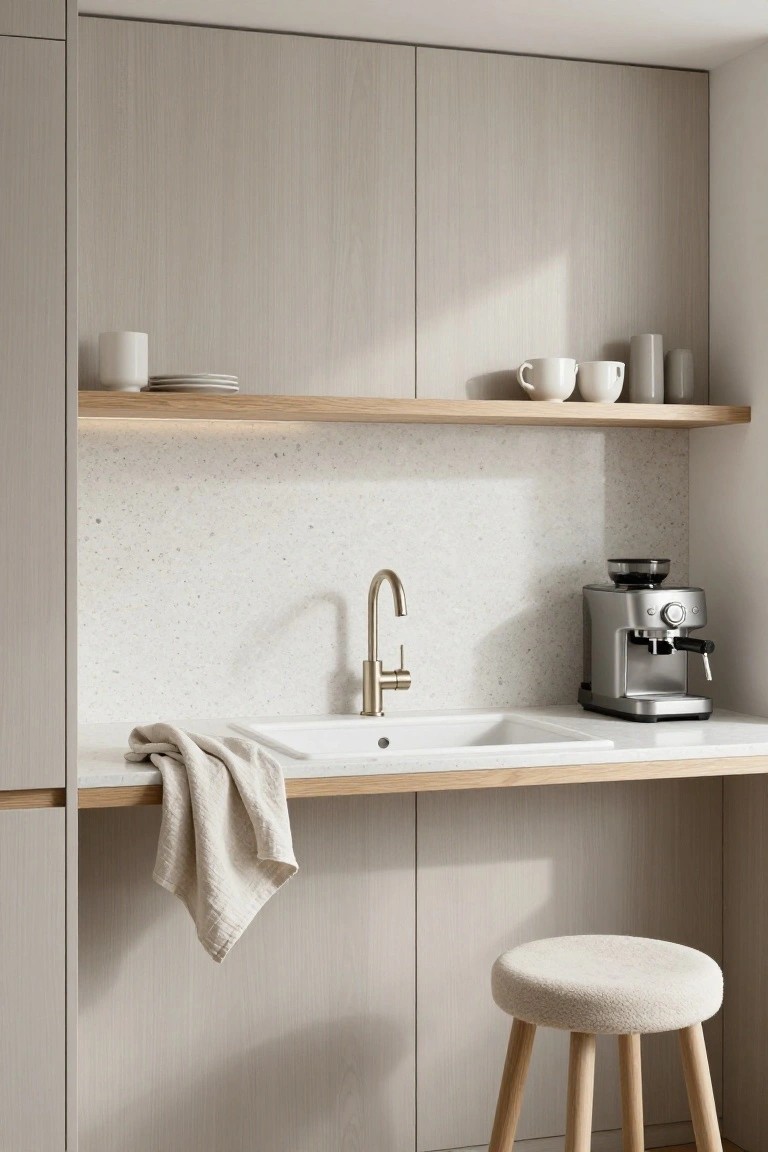 Minimalist kitchen bar wall with speckled white terrazzo backsplash, brass gooseneck faucet over white sink, silver espresso machine on counter, open oak shelf holding white cups and plates, tall beige wood cabinets on sides, cream upholstered stool nearby.