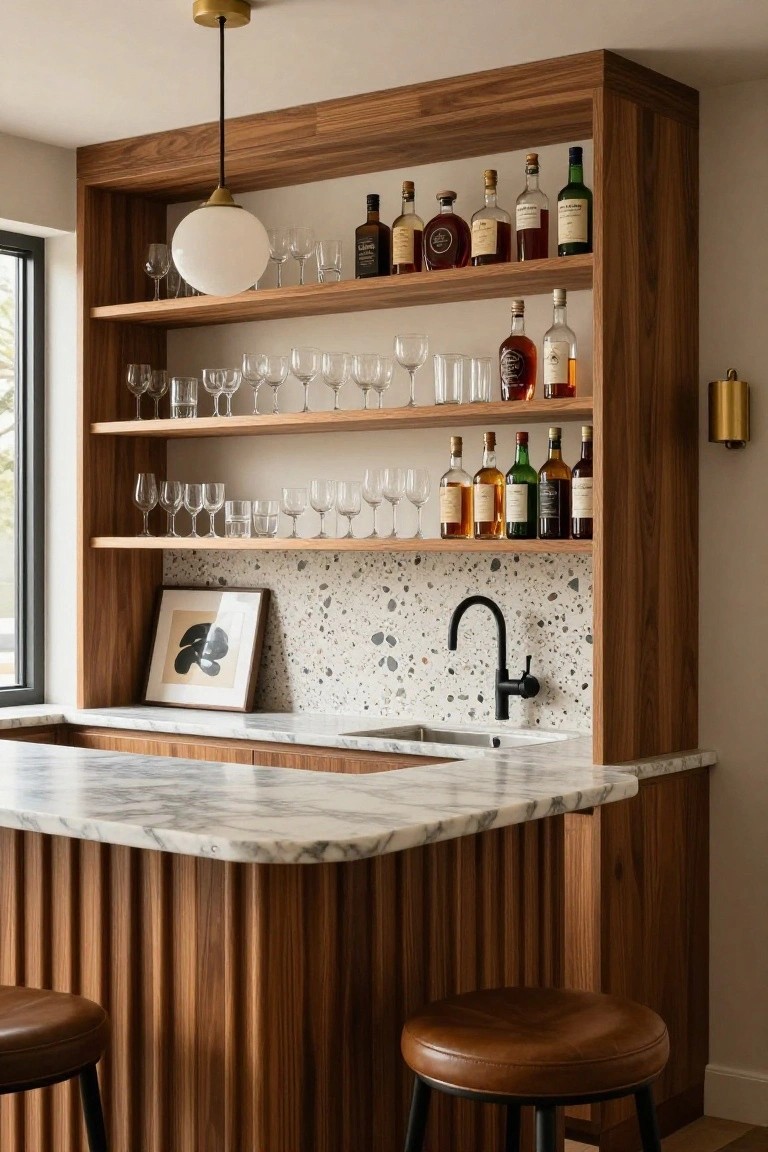 Wooden built-in cabinetry with open shelves stocked with liquor bottles and glassware forms the back wall of a home bar, featuring a speckled backsplash, marble countertop with sink, and two leather stools.