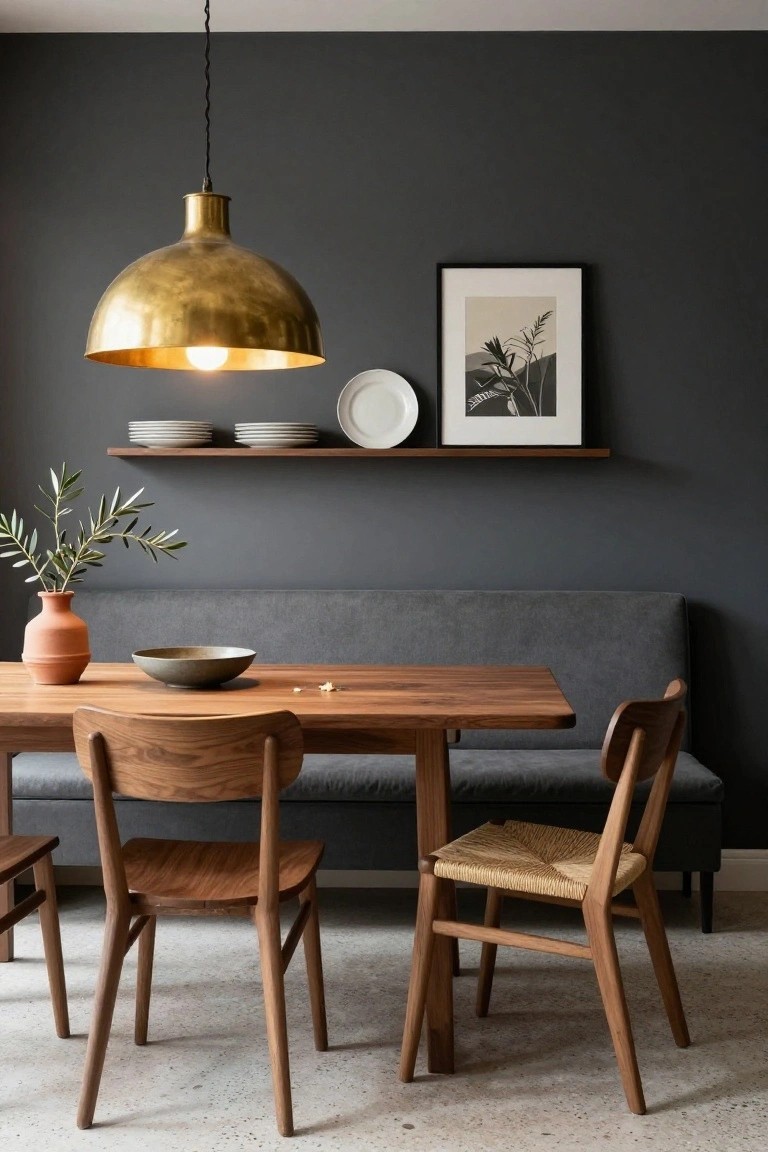 Modern interior dining area featuring a rectangular walnut wood table with two wooden chairs on one side and a gray upholstered bench on the other, under a large brass pendant light, against a dark gray wall with floating shelves holding white plates and a framed print.