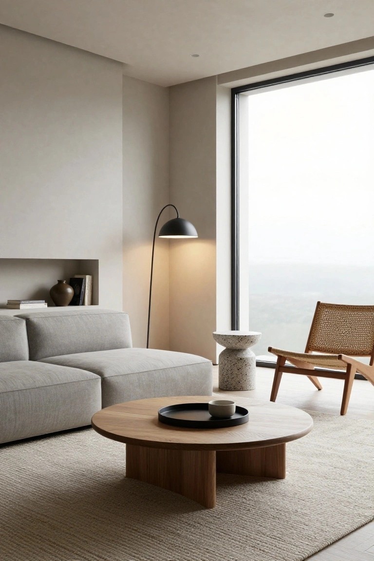 Modern minimal living room featuring a modular light gray sofa, round oak coffee table with open geometric legs, white terrazzo stool, rattan armchair, arc floor lamp, and large window with landscape view.