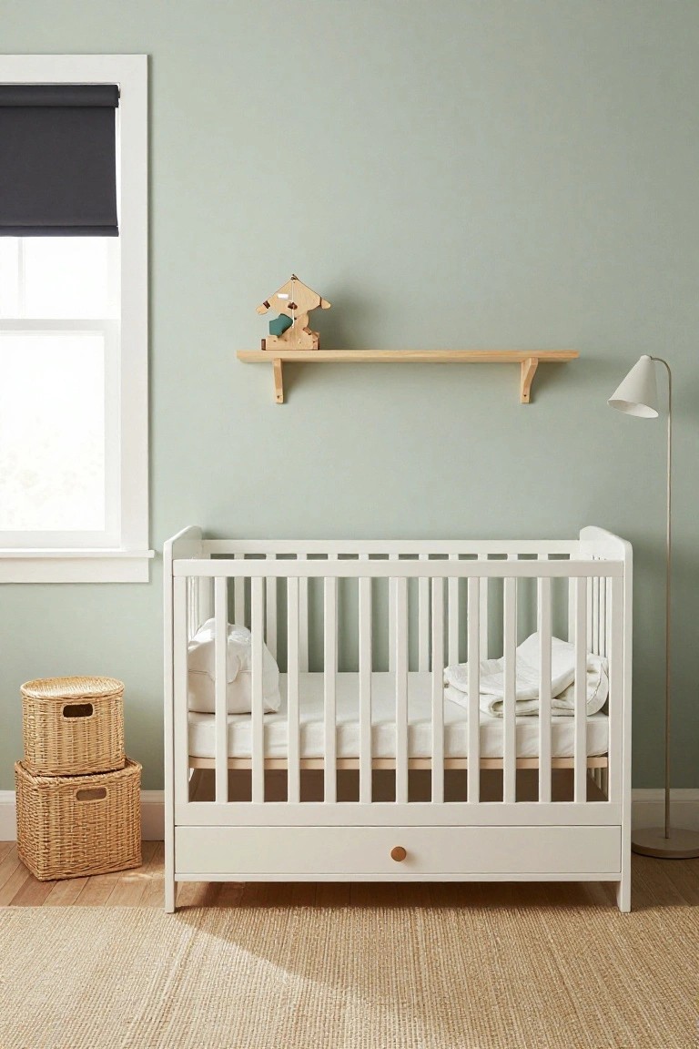 A white wooden crib with slatted sides and under-drawer stands in a sage green nursery room next to a window with blackout shade, wooden shelf holding a bird toy, arc lamp, wicker baskets, and seagrass rug on hardwood floor.