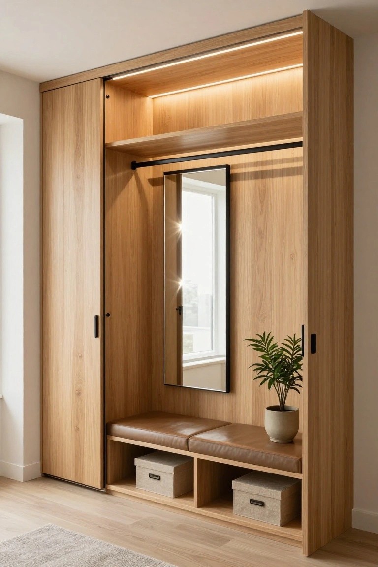 Open light oak wardrobe with sliding doors, central full-length mirror on black frame, hanging rod, upper shelves, lower leather bench with two cushions and storage cubbies, potted plant on bench, wooden floor.