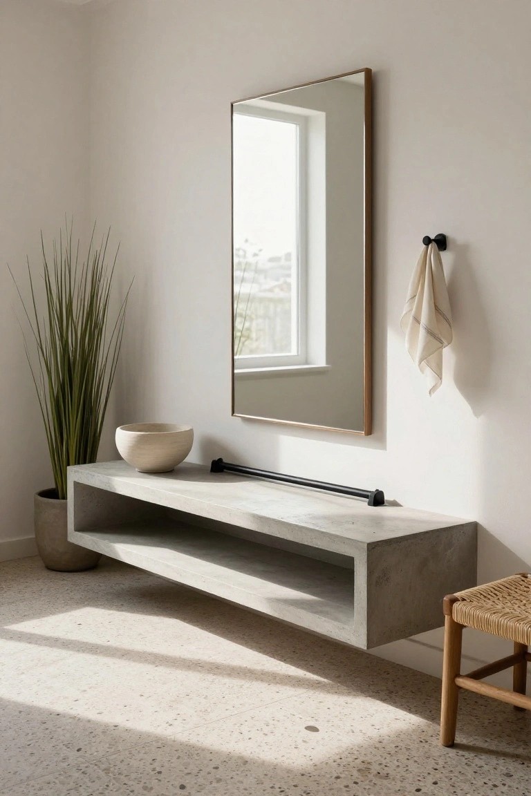 Modern bathroom corner with tall rectangular mirror in wood frame on white wall, floating gray concrete console table below holding beige bowl, potted tall grass plant next to it, beige towel on black hook, woven wood stool, and window with natural light.