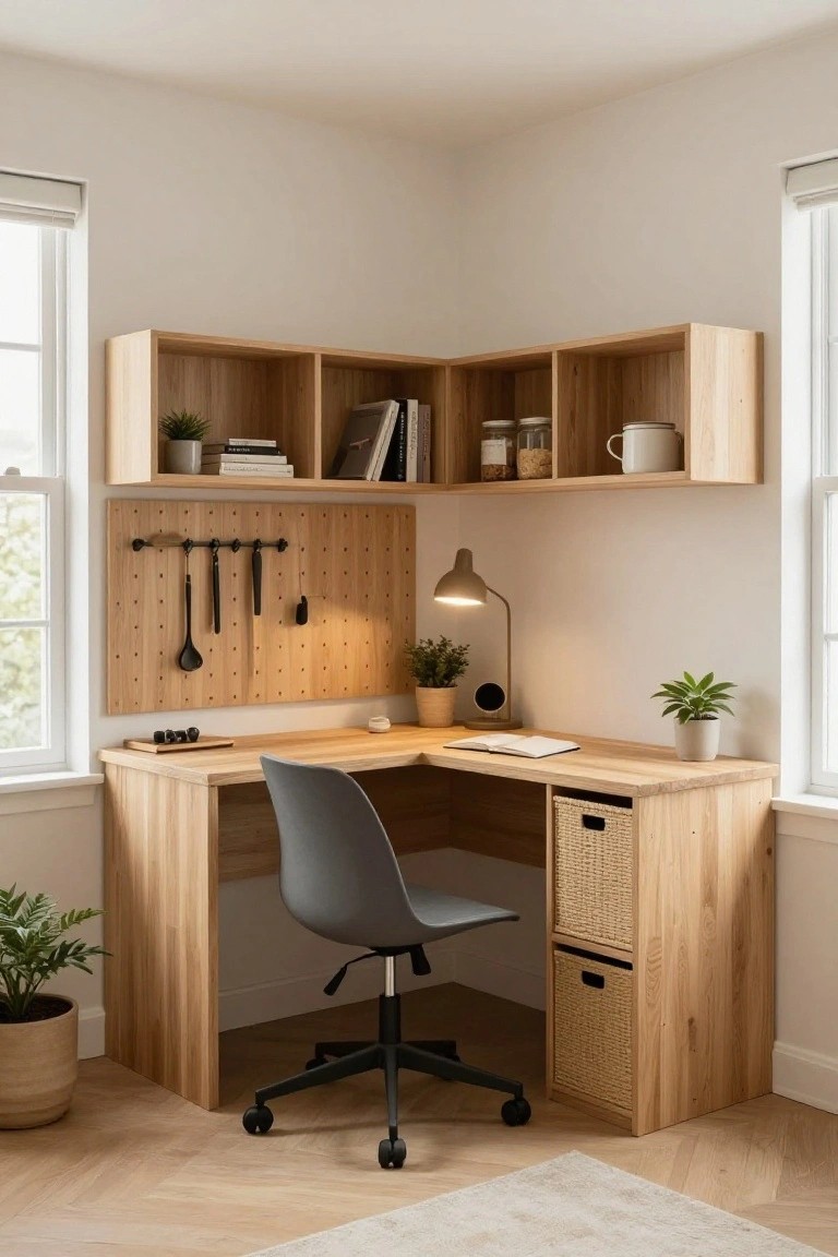 Light wooden corner desk with overhead matching shelves, pegboard wall holding utensils, desk lamp, plants, notebook, and gray swivel chair in a bright white room with two windows.
