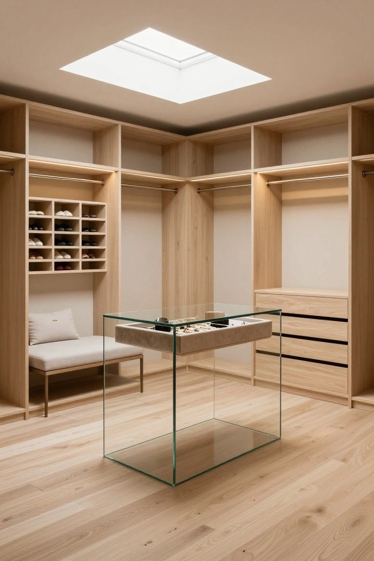 Walk-in closet with light wood built-in cabinets, open shoe shelving, hanging rods, LED lighting, cushioned bench, glass display table holding jewelry, and oak wood flooring under a skylight.