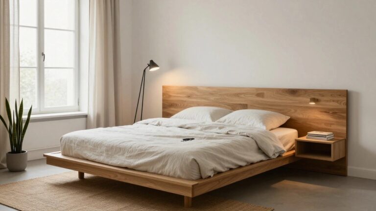 A minimalist bedroom with a low oak platform bed draped in white linen sheets and a black throw, wooden headboard, bedside table with books, black arc lamp, snake plant in terracotta pot by a large window with beige curtains, on a concrete floor with seagrass rug.