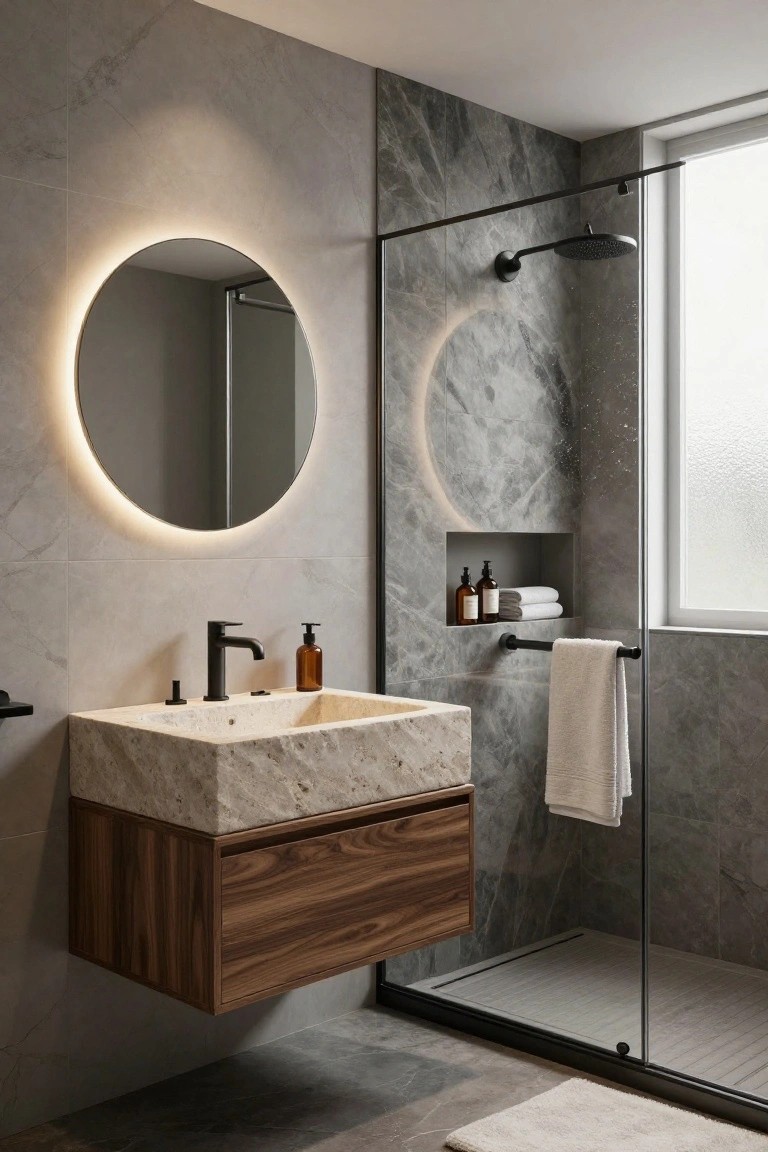 Modern bathroom with gray veined marble walls and floor, floating walnut wood vanity topped by beige stone sink and black faucet, round backlit mirror above, and glass-enclosed shower with black fixtures.