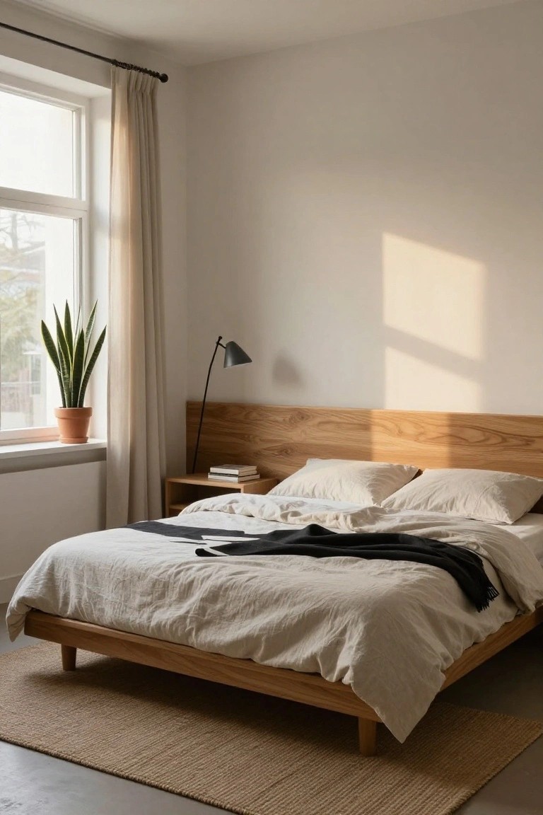 A minimalist bedroom with a low oak platform bed draped in white linen sheets and a black throw, wooden headboard, bedside table with books, black arc lamp, snake plant in terracotta pot by a large window with beige curtains, on a concrete floor with seagrass rug.
