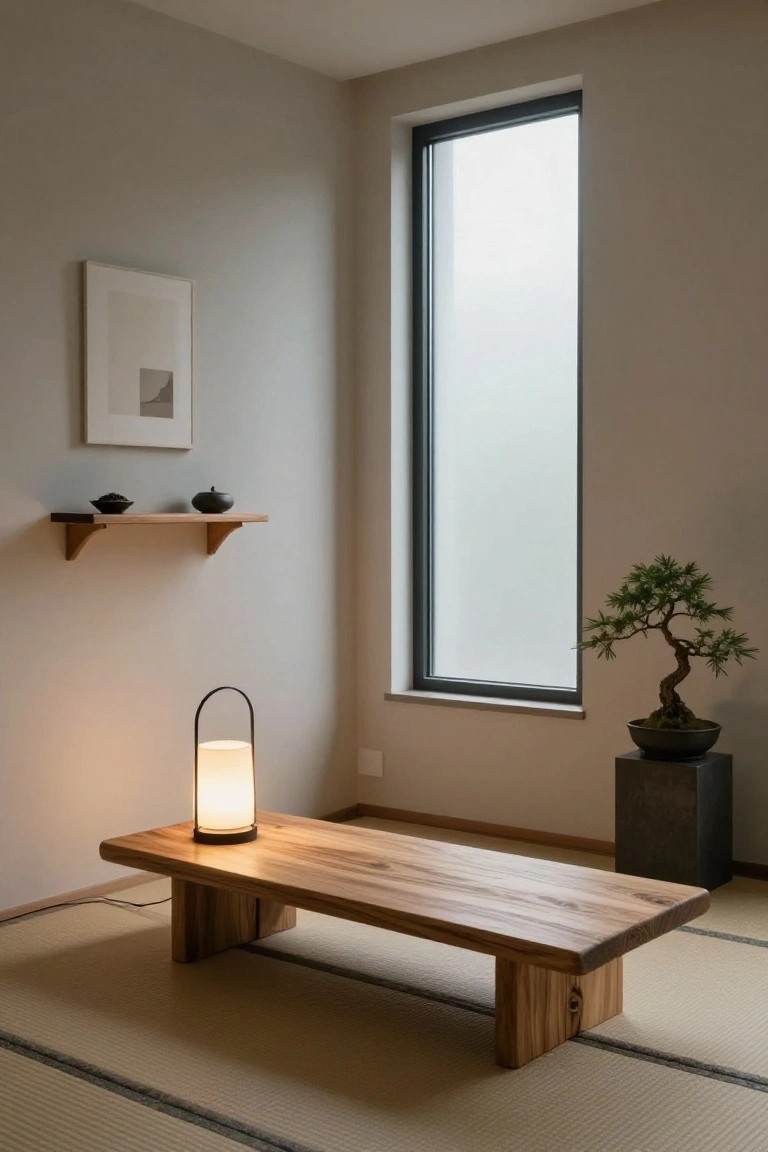 Minimalist interior room with tatami flooring, low rectangular wooden table lit by a handle lamp, bonsai tree in black pot on stand, wooden shelf holding black ceramics, abstract wall art, and tall frosted window.