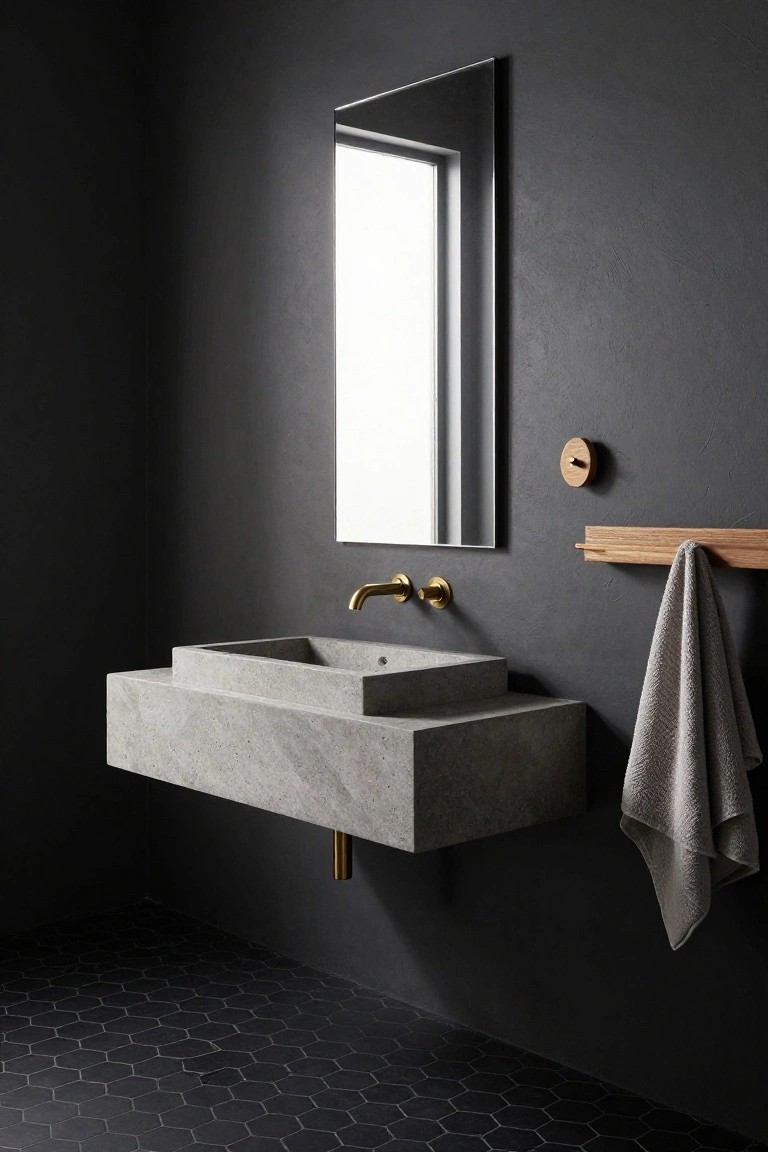 Close-up view of a minimalist bathroom featuring a floating gray concrete vanity with integrated sink, gold wall-mounted faucet, large rectangular mirror, wooden towel shelf with gray towel, wooden wall hook, dark textured walls, and black hexagonal floor tiles.