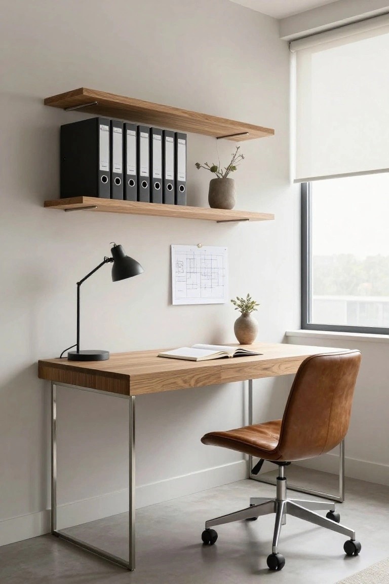 Modern home office interior with light oak desk on thin chrome legs, tan leather swivel chair, floating oak wall shelves holding black binders and ceramic pots with plants, black desk lamp, pinned drawing on wall, and large window with white roller blind.