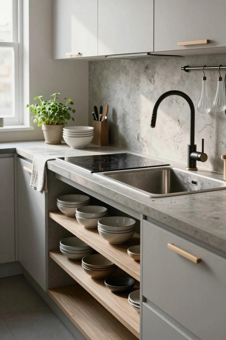 Modern kitchen interior with light gray cabinets, concrete-look countertop, induction cooktop, stainless steel sink with black faucet, and open wooden shelving below the counter displaying stacked white and ceramic bowls and plates.