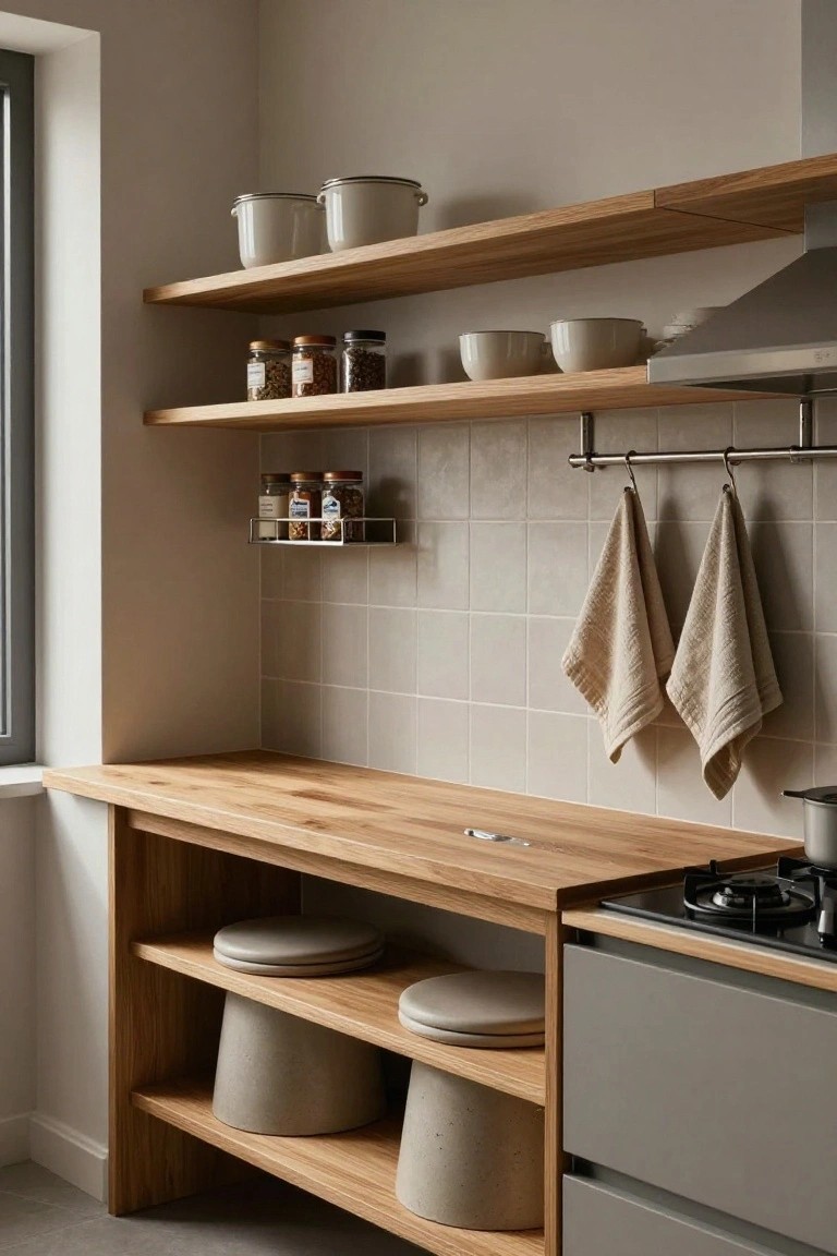 Modern kitchen corner with floating oak wood shelves holding white pots and jars, metal rack with spice containers on beige tiled backsplash, wooden counter with open shelves below storing plates and stools, and adjacent gray cabinet with gas stove.