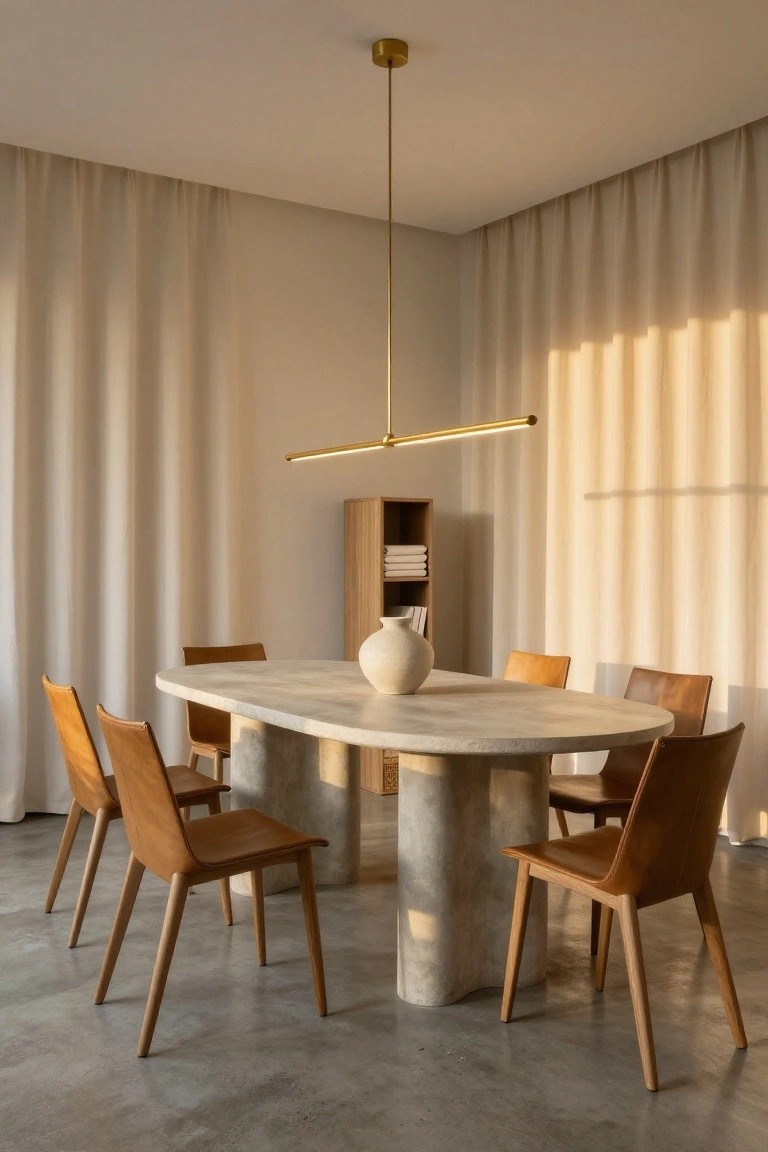 Oval beige concrete dining table with cylindrical pedestal legs, surrounded by six tan leather chairs with wooden legs, next to a wooden shelving unit holding folded linens and a vase, in a room with beige walls, sheer curtains, polished concrete floor, and a linear gold pendant light.