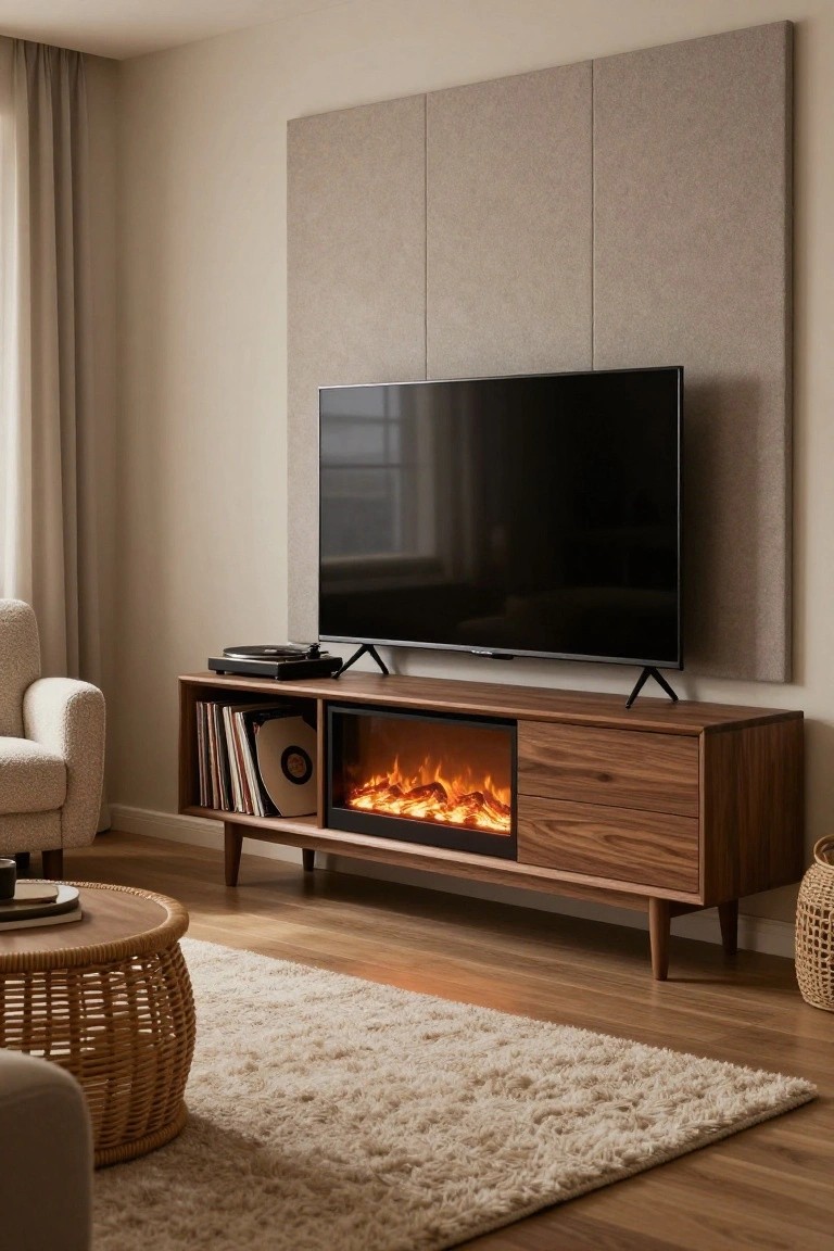 Modern living room with walnut TV console featuring integrated electric fireplace, mounted black TV, vinyl record storage, cream bouclé armchair, rattan coffee table, woven basket, and light shag rug on wood floors.