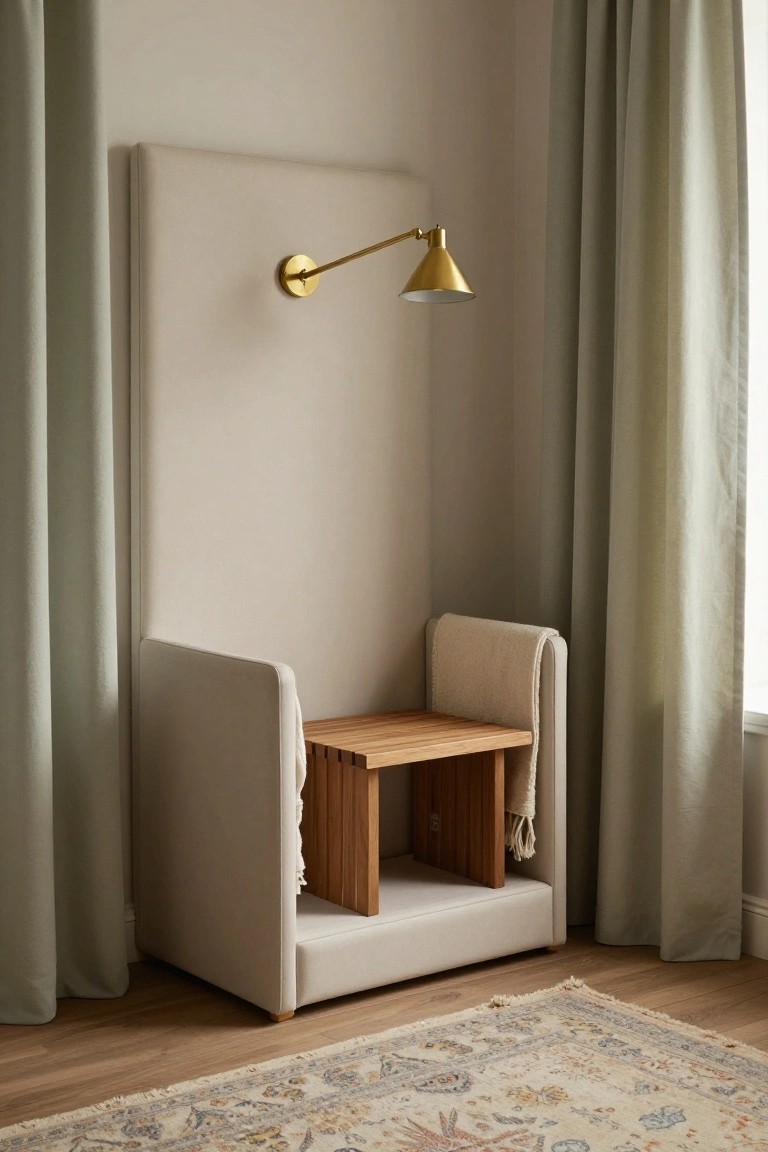 Minimalist beige nook with wooden table, brass lamp, and draped throw.