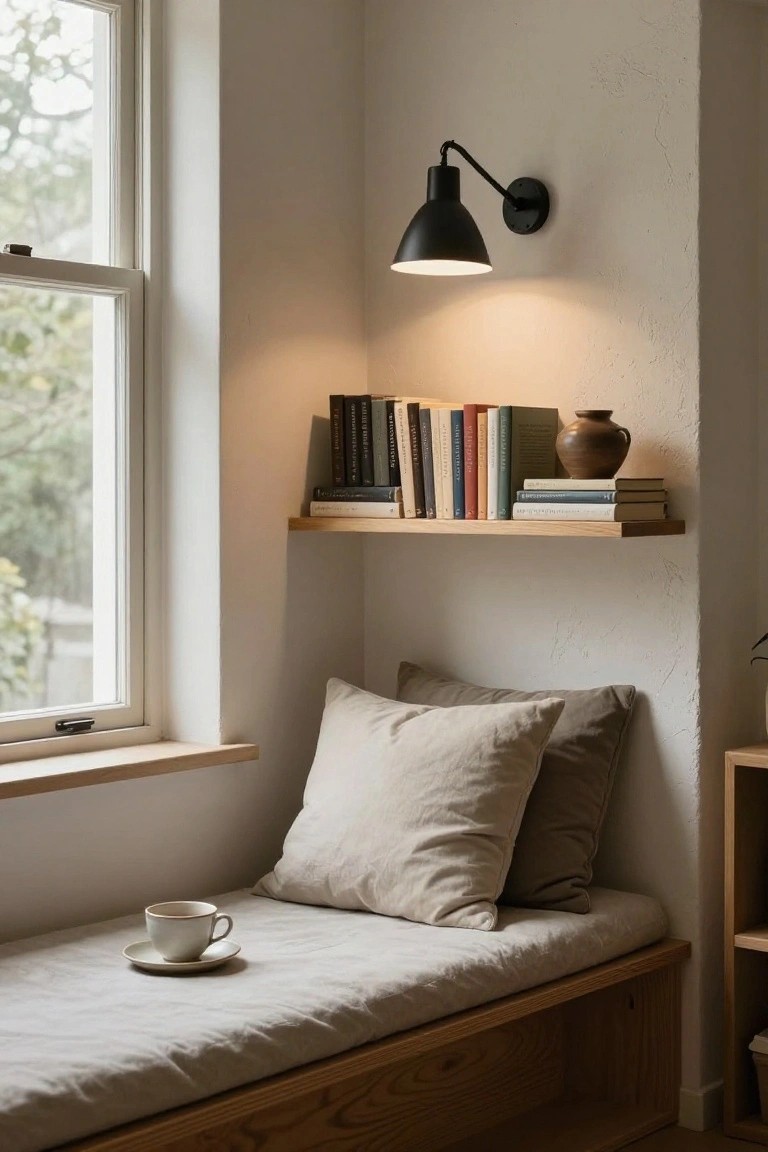 Cozy beige cushioned bench under a window sill in a white corner room, with wooden floating shelves holding colorful books and a ceramic vase above, black adjustable wall lamp lit, white teacup and saucer on the bench, trees visible through the window.