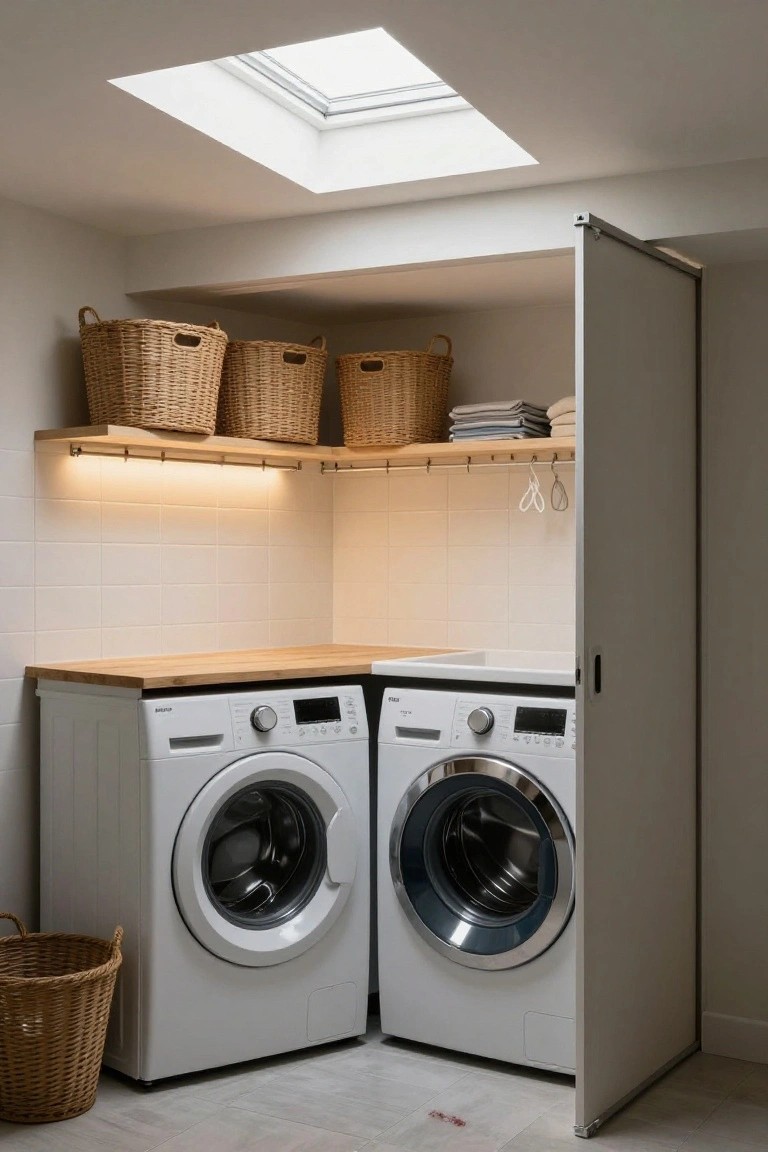 Compact indoor laundry room with two white front-loading washers under a light wooden countertop, wicker baskets on wooden shelves, white subway tile walls, skylight overhead, and open sliding door revealing more storage.