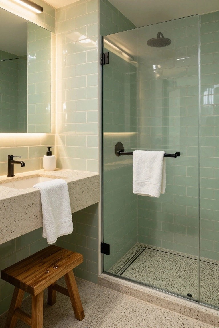 Modern bathroom with light green subway tile walls, glass shower enclosure, black metal fixtures, white towels draped over rails and sink edge, hand soap dispenser, and small wooden stool on pebble floor.