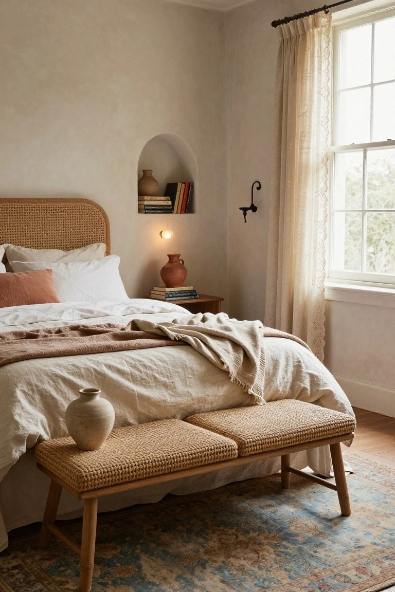 Bedroom with rattan headboard bed covered in white and terracotta linens, matching rattan bench at foot holding white vase, nightstand with red terracotta pot and books, arched wall niche with pottery, and large window with sheer curtains.