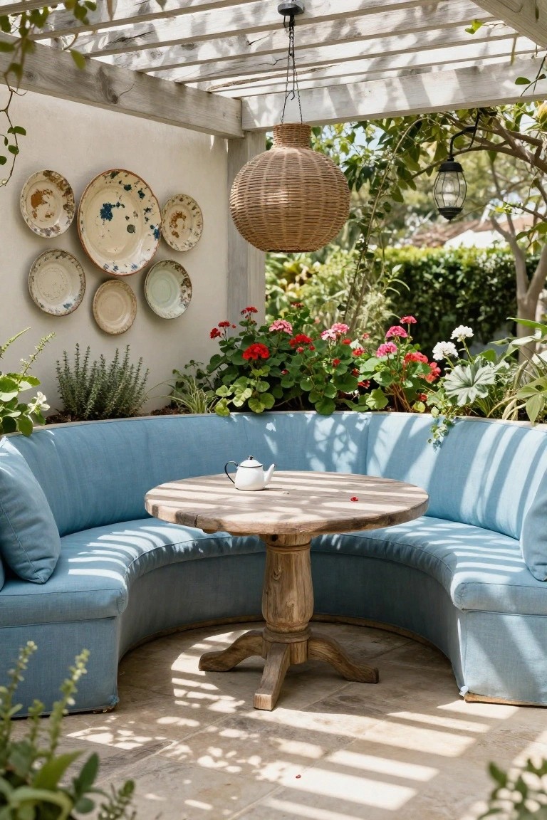 Curved blue upholstered banquette surrounds a round wooden table with a white teapot in an outdoor pergola-covered seating area with plants, geraniums, and decorative plates on a beige wall.