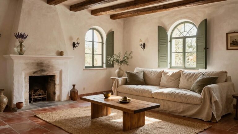 20 Dreamy Villa Inspiration That Sparks Big Ideas Cozy living room interior with exposed dark wooden beam ceiling, white stucco walls, arched stone fireplace, beige linen sofa, wooden coffee table, potted plants, and terracotta tile floor.