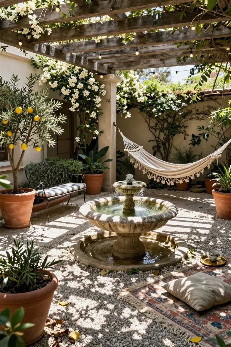 Sunny courtyard patio with central stone fountain, white hammock, black metal bench, lemon tree, potted plants, vine-covered wooden pergola with string lights, and Persian rug on gravel ground.