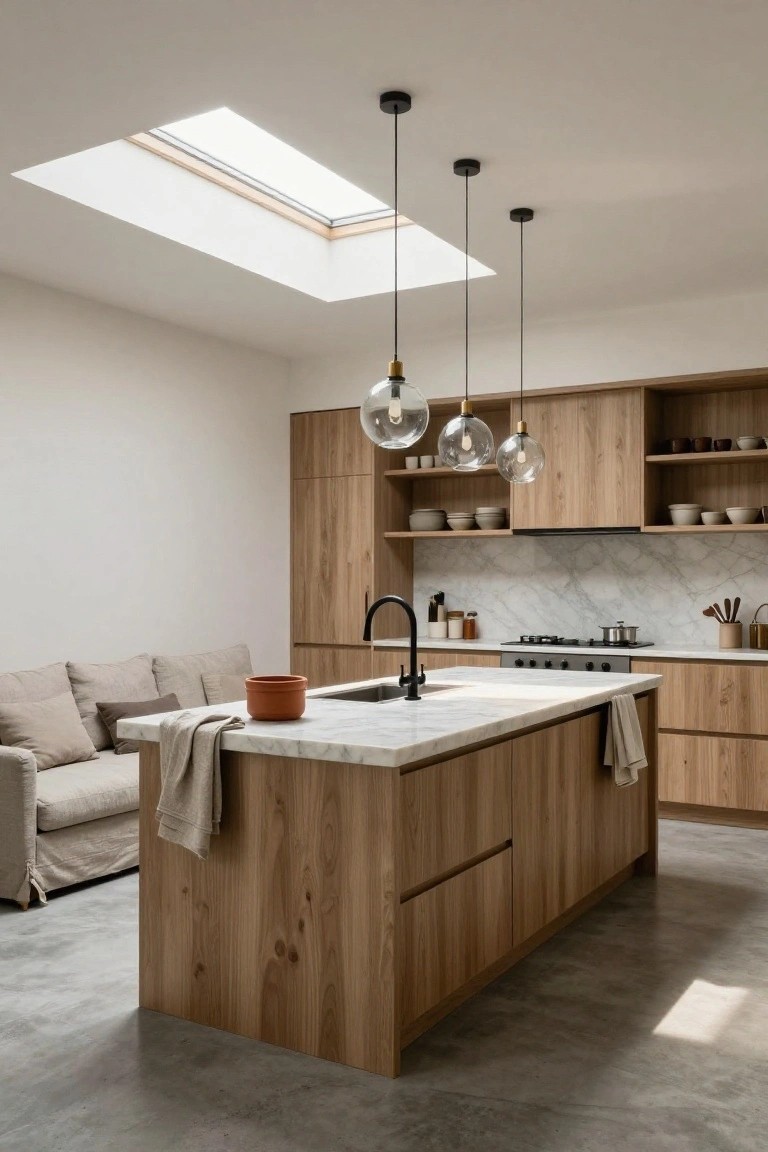Open-plan kitchen interior with light oak cabinets and island topped by white marble countertop, black faucet, pendant lights hanging above, polished concrete floor, beige linen sofa nearby, and skylight overhead.