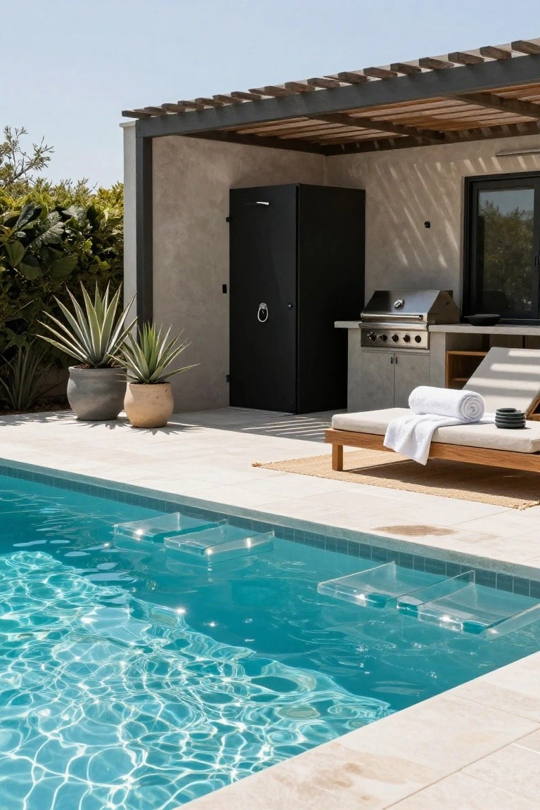 Outdoor kitchen with black cabinets and built-in grill under a wooden pergola next to a turquoise pool with clear acrylic steps and a wooden lounge chair with white towels.