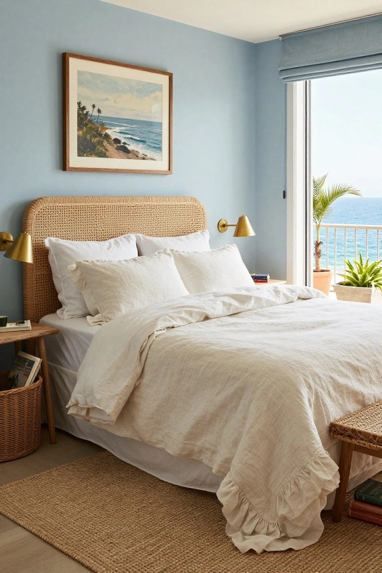 Bedroom interior with light blue walls, rattan headboard, white linen bedding with ruffled edges, gold wall sconces, nightstand with books and basket, and sliding doors to balcony overlooking ocean and plants.