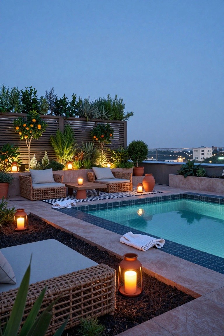 Rooftop terrace at dusk featuring a small rectangular turquoise-tiled pool, adjacent rattan lounge chairs and daybed, terracotta lanterns and pots, slatted wooden privacy screens with orange trees, and distant city view.