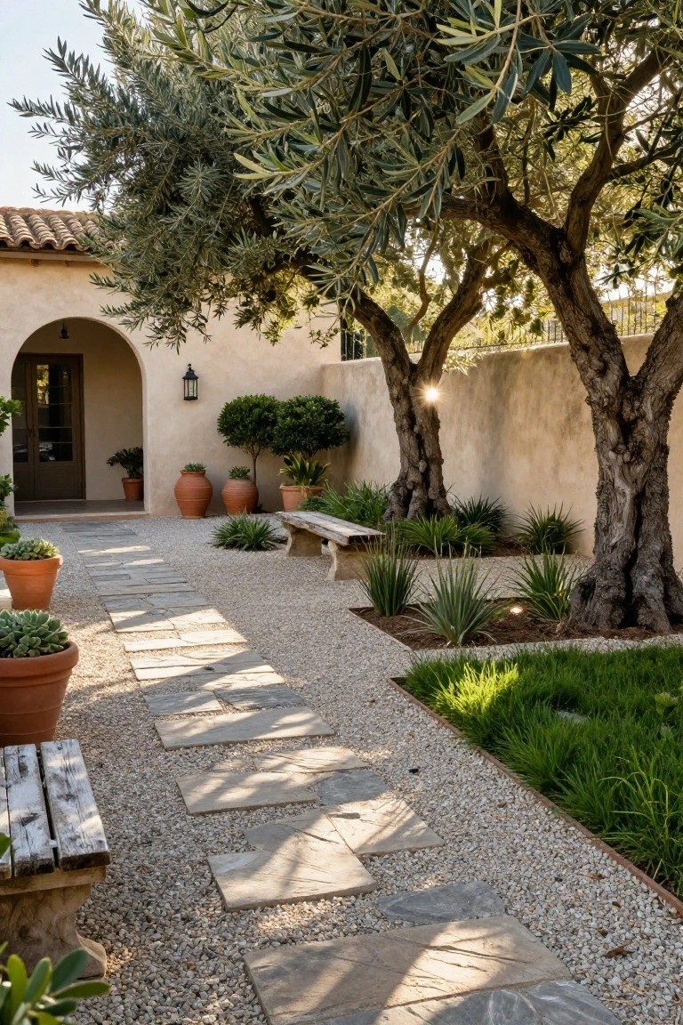 Stone paver pathway set in light gravel leading to an arched wooden door on a stucco house, with mature olive trees, terracotta pots, agave plants, a wooden bench, and low greenery along a beige wall.