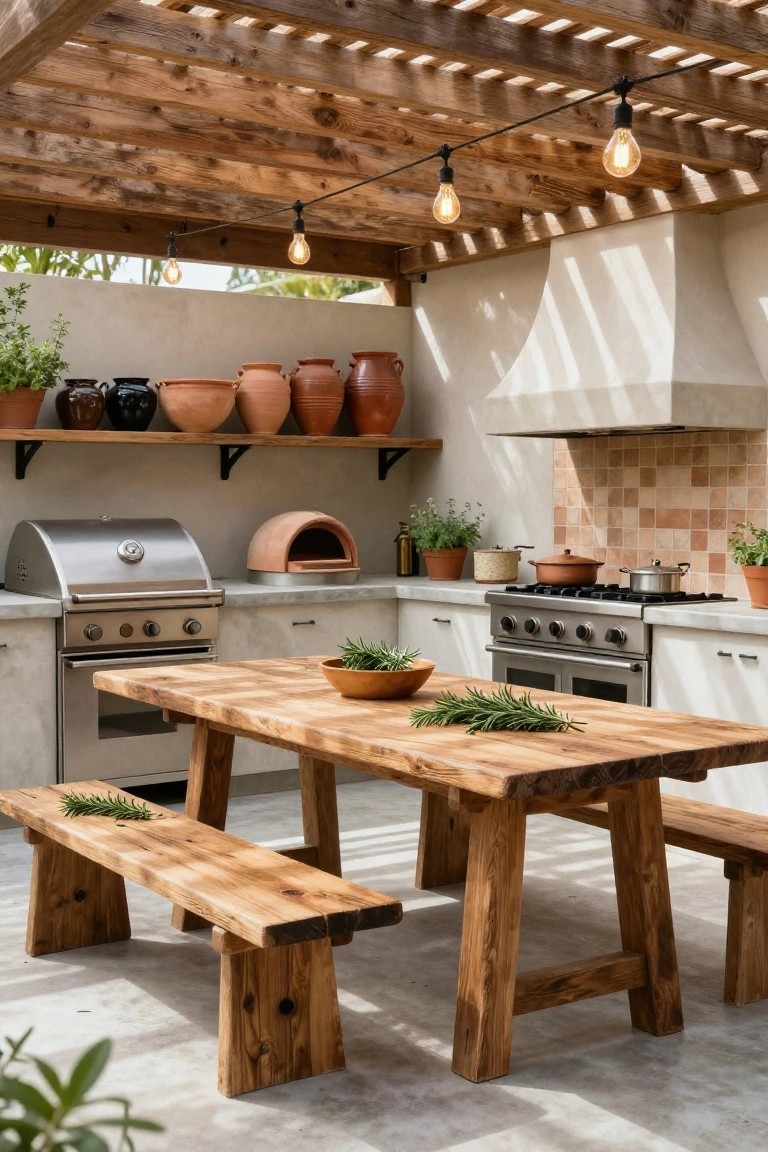 Outdoor kitchen under wooden pergola with string lights, stainless steel grill, clay pizza oven, gas cooktop, white cabinets, terracotta pots, and central rough-hewn wooden table with benches and rosemary sprigs on concrete floor.