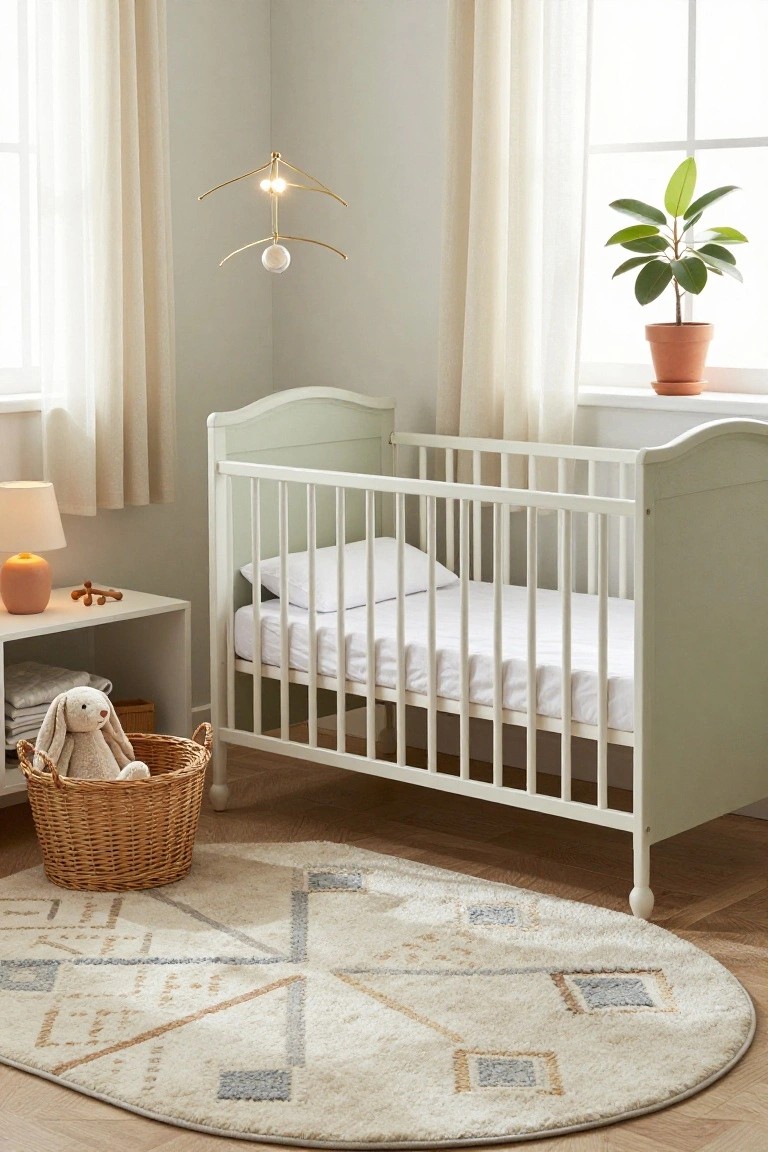 A light sage green crib with curved headboard and white spindles sits in a neutral nursery with beige rug, wicker basket holding a bunny plush toy, small table with orange lamp, potted plant by window, and gold hanging light fixture.
