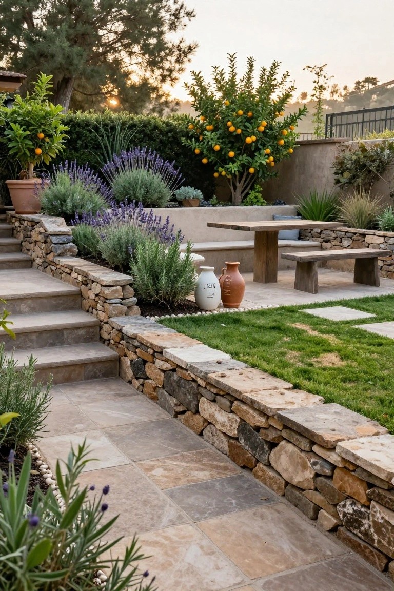 Terraced garden with irregular stacked stone retaining walls and steps, planted with lavender bushes, citrus trees bearing oranges, potted plants, a wooden table and benches on the upper level, paver walkway, and lawn below.