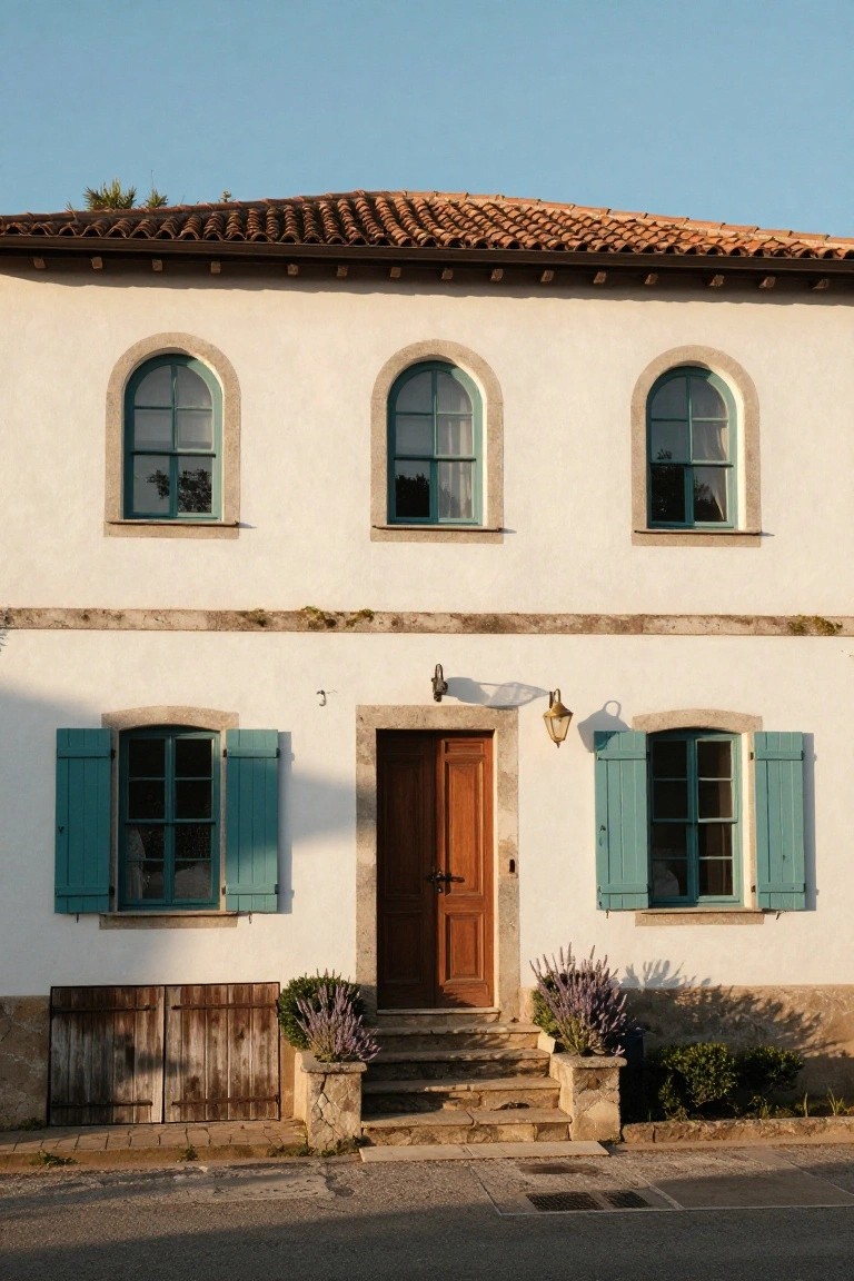 White stucco two-story house with terracotta tile roof, three teal-framed arched windows on upper level, teal shutters on two lower windows flanking central brown wooden door, gold lanterns beside door, stone steps with lavender pots in stone planters, low shrubs and wooden fence at base.