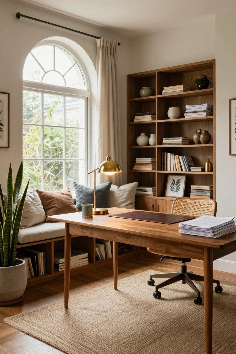 Wooden desk and built-in bench under a large arched window in a home office, surrounded by tall wooden bookshelves with books, ceramics, and plants, plus a rattan chair on a seagrass rug.