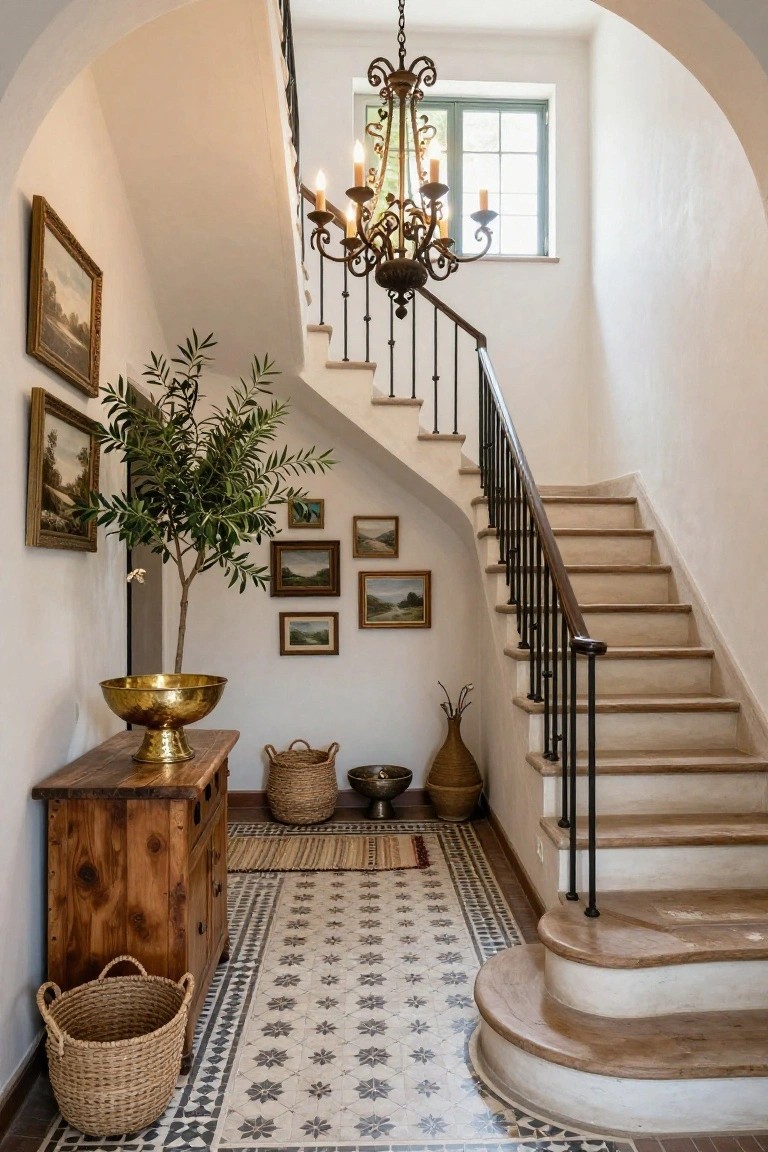 White stucco arched interior with curved wooden staircase and black wrought iron railing, olive tree in brass bowl on wooden console, woven baskets, ceramic pots, landscape paintings, candle chandelier, and patterned tile floor.