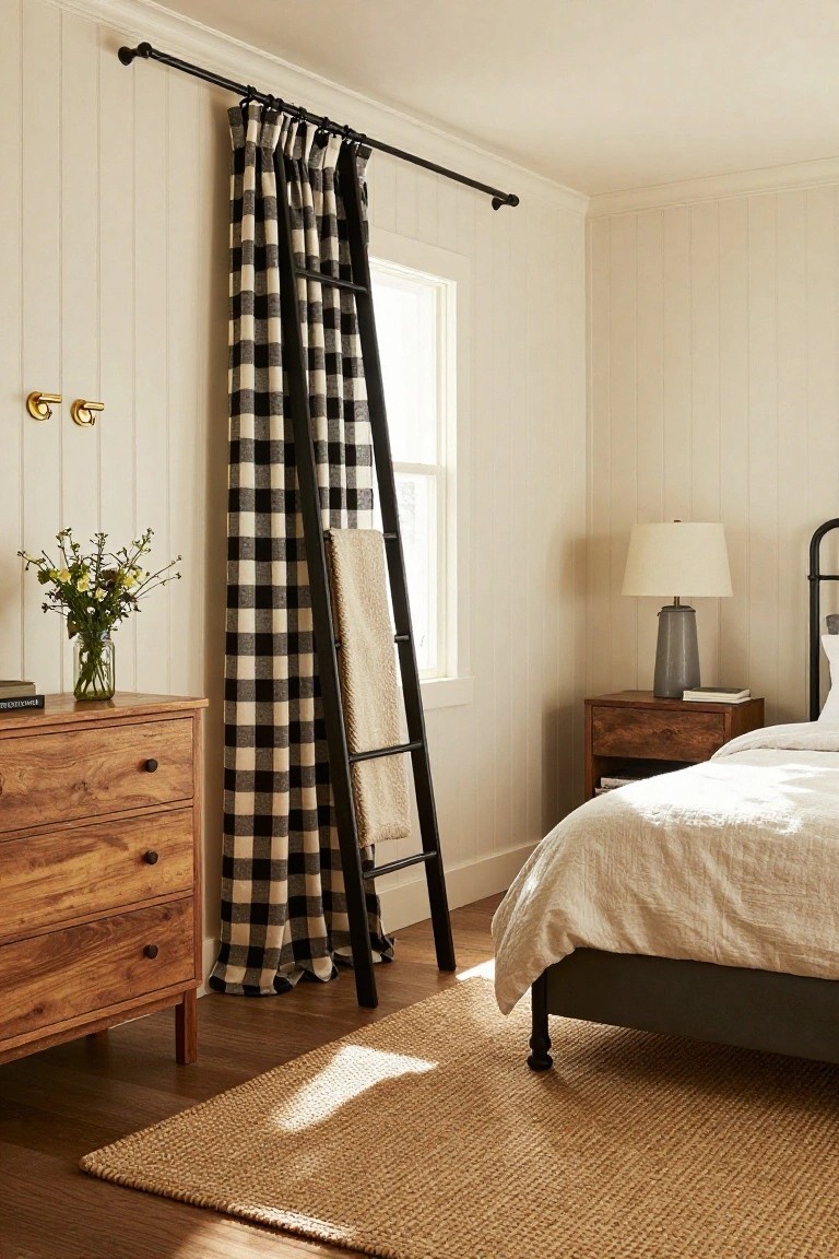 Cozy bedroom corner with long black-and-white checkered curtains on a window, wooden ladder holding a blanket, wooden dresser with vase, metal bed frame with white bedding, nightstand with lamp, against white board-and-batten walls and wood floors.