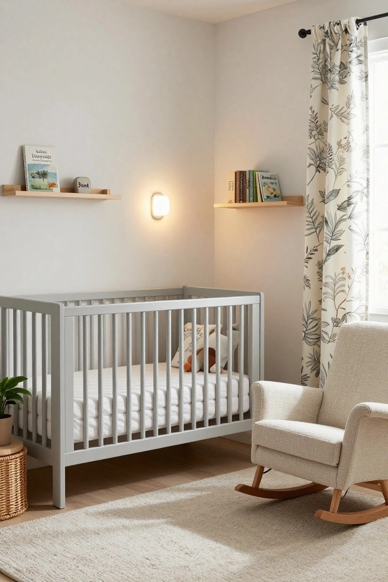 Nursery bedroom with gray crib, beige rocking chair, wooden shelves holding books and a plant, and light curtains featuring a botanical leaf pattern on the window.