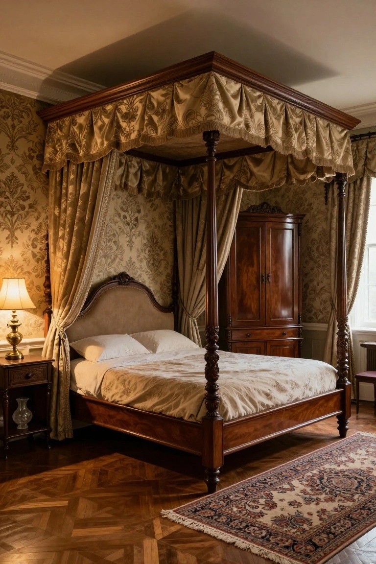 A luxury bedroom interior with a wooden four-poster bed draped in beige curtains, a matching wooden armoire, nightstand with lamp and vase, on parquet flooring with a rug.