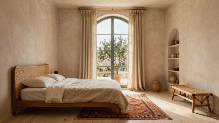 Sunlit bedroom with arched window covered by light beige sheer curtains on gold rod, wooden bed with white linens, potted olive tree, rattan bench, and terracotta pots on wooden floor.